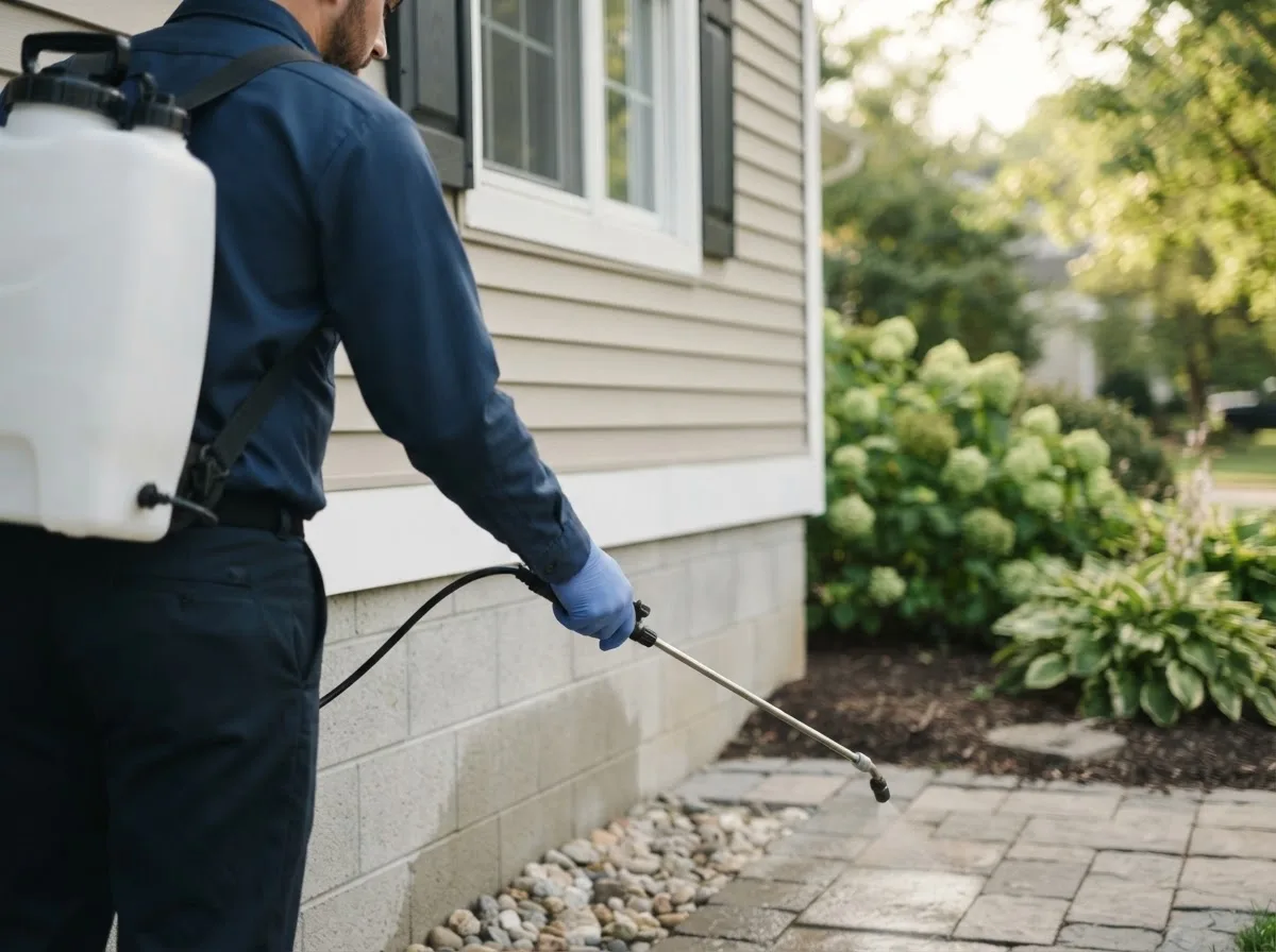 Pest control technician inspecting a home in Neville, OH